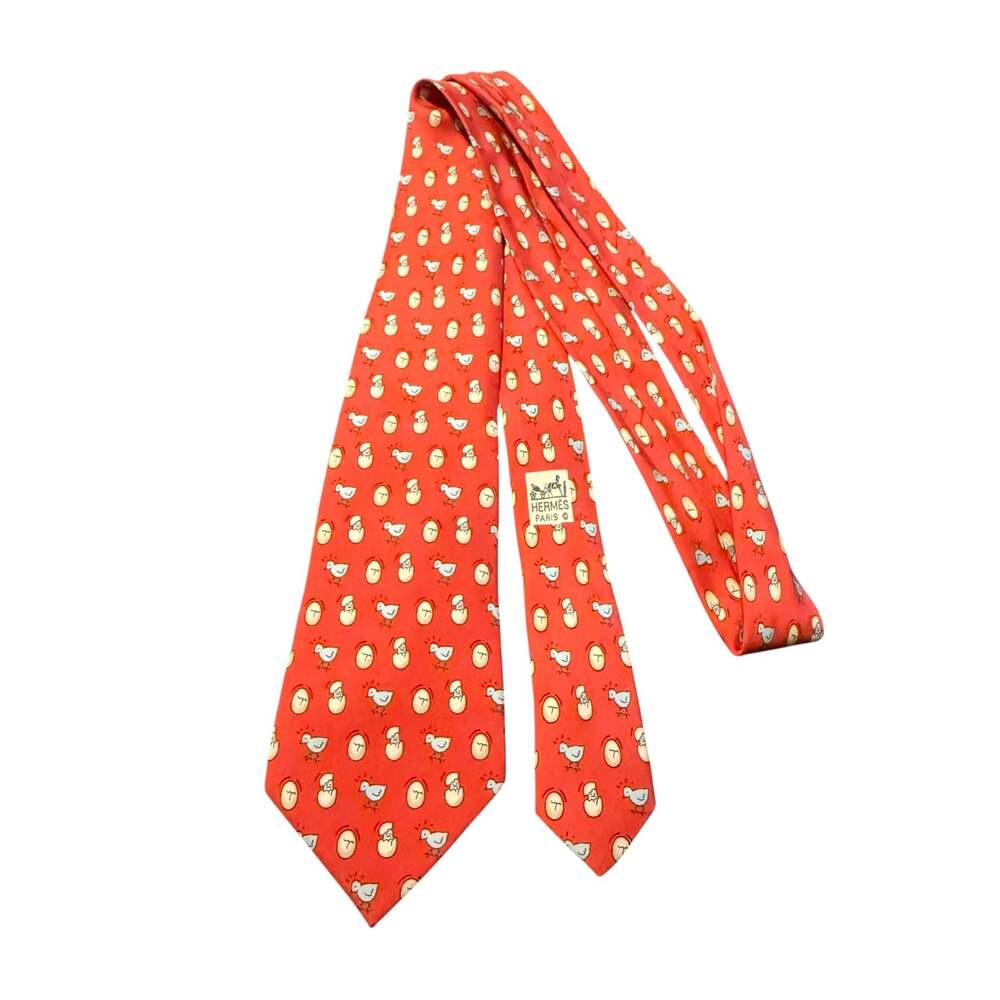 Hermès 100% Silk Red Tie with Chick and Egg Motif